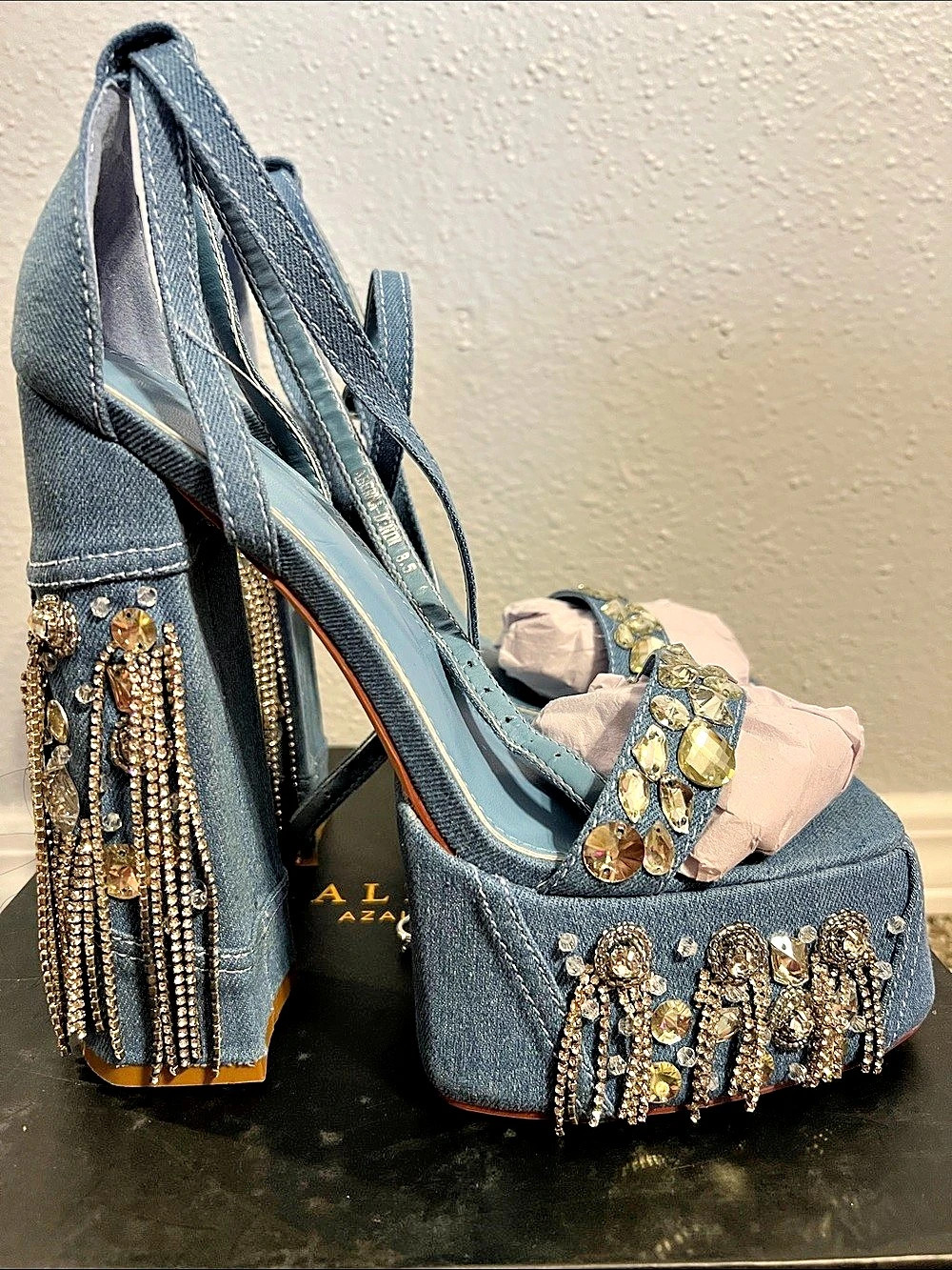 ALEXANDER WANG Embellished Platform Heels in True Denim